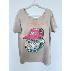 Ed Hardy Bulldog Grunge Thrashed Skull Hat Graphic T-Shirt Large Tee Vintage